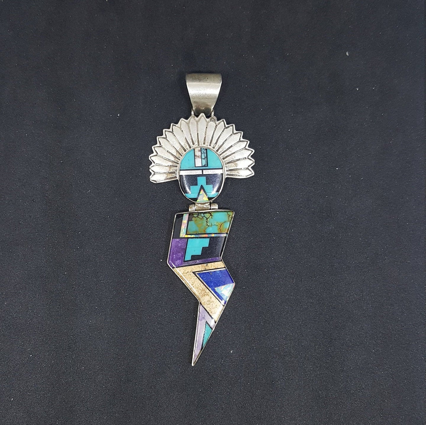 Vintage Native Face and Thunder Shape Inlay multi stone sterling silver pendant necklace