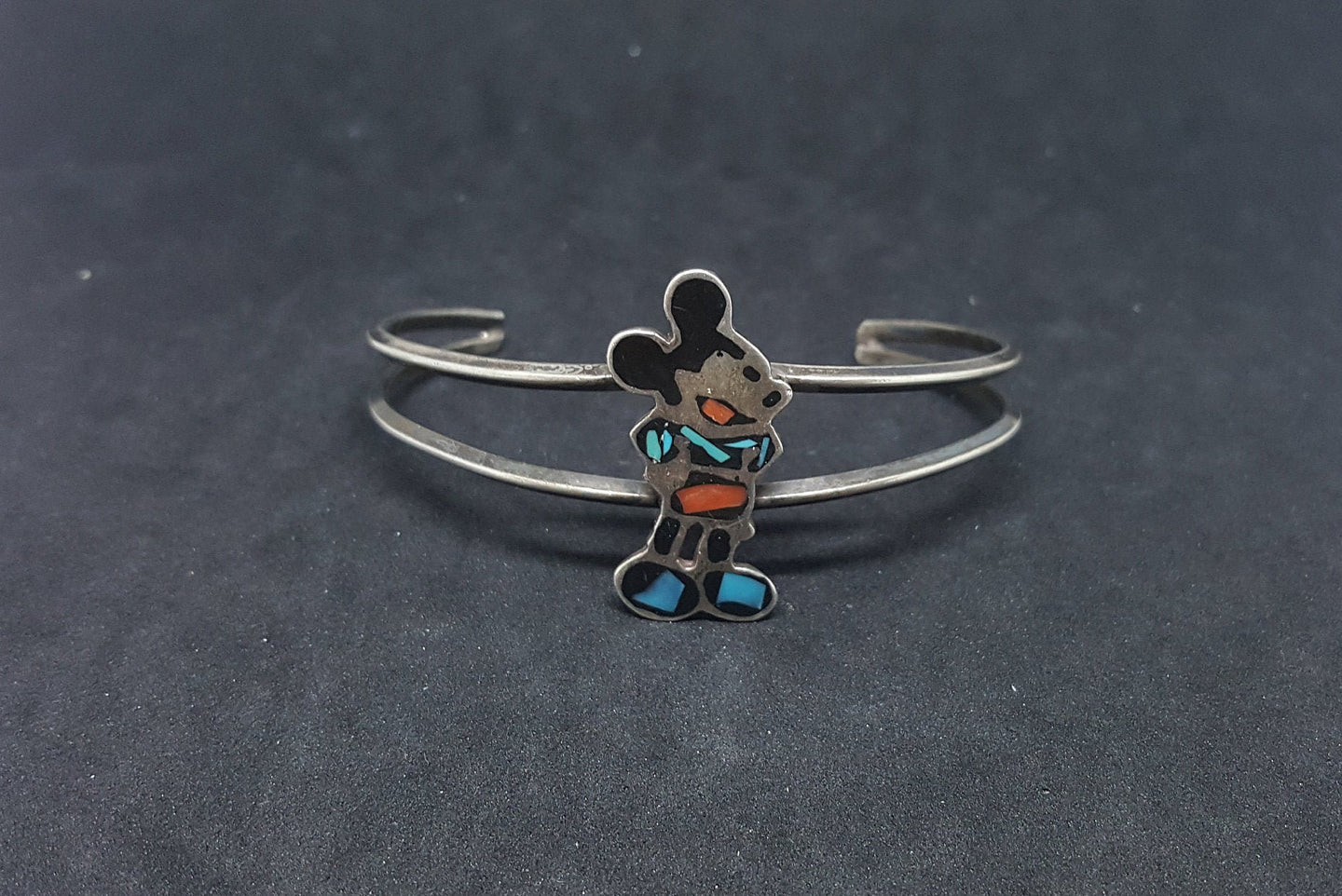 Vintage Mickey Mouse Turquoise Coral Black Onyx sterling silver cuff