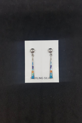 Color Combination inlay Turquoise Black Onyx Blue Fire Opal Spiny Oyster long thin sterling silver post earrings
