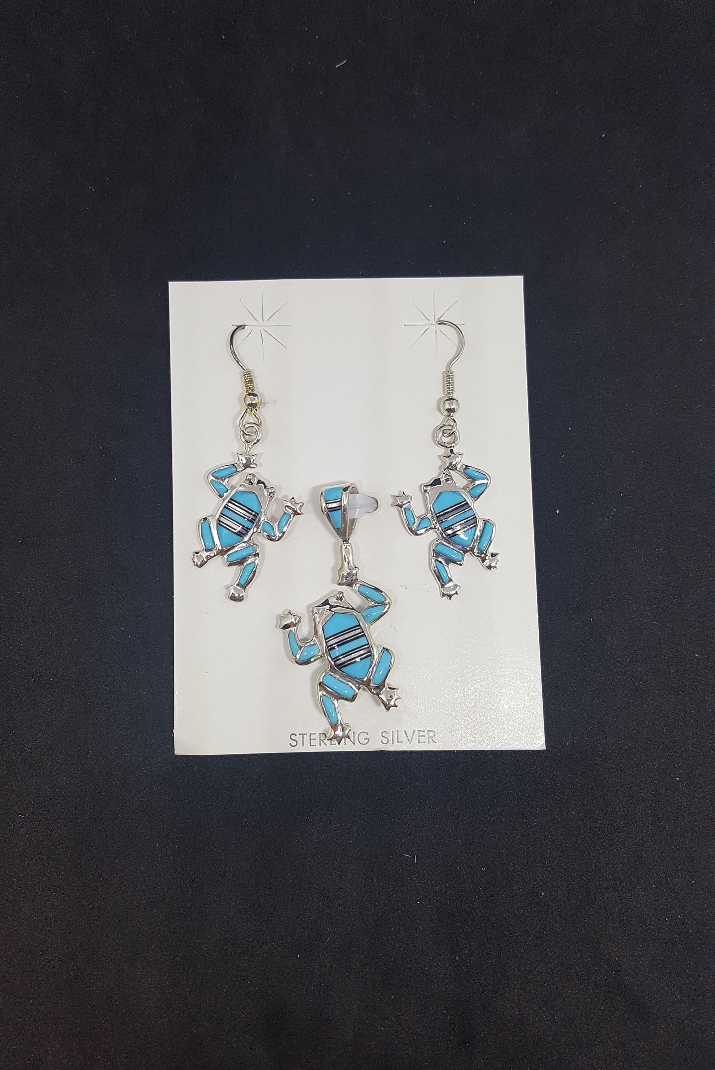 Set The Frog Turquoise Mother of Pearl sterling silver dangle earrings and pendant