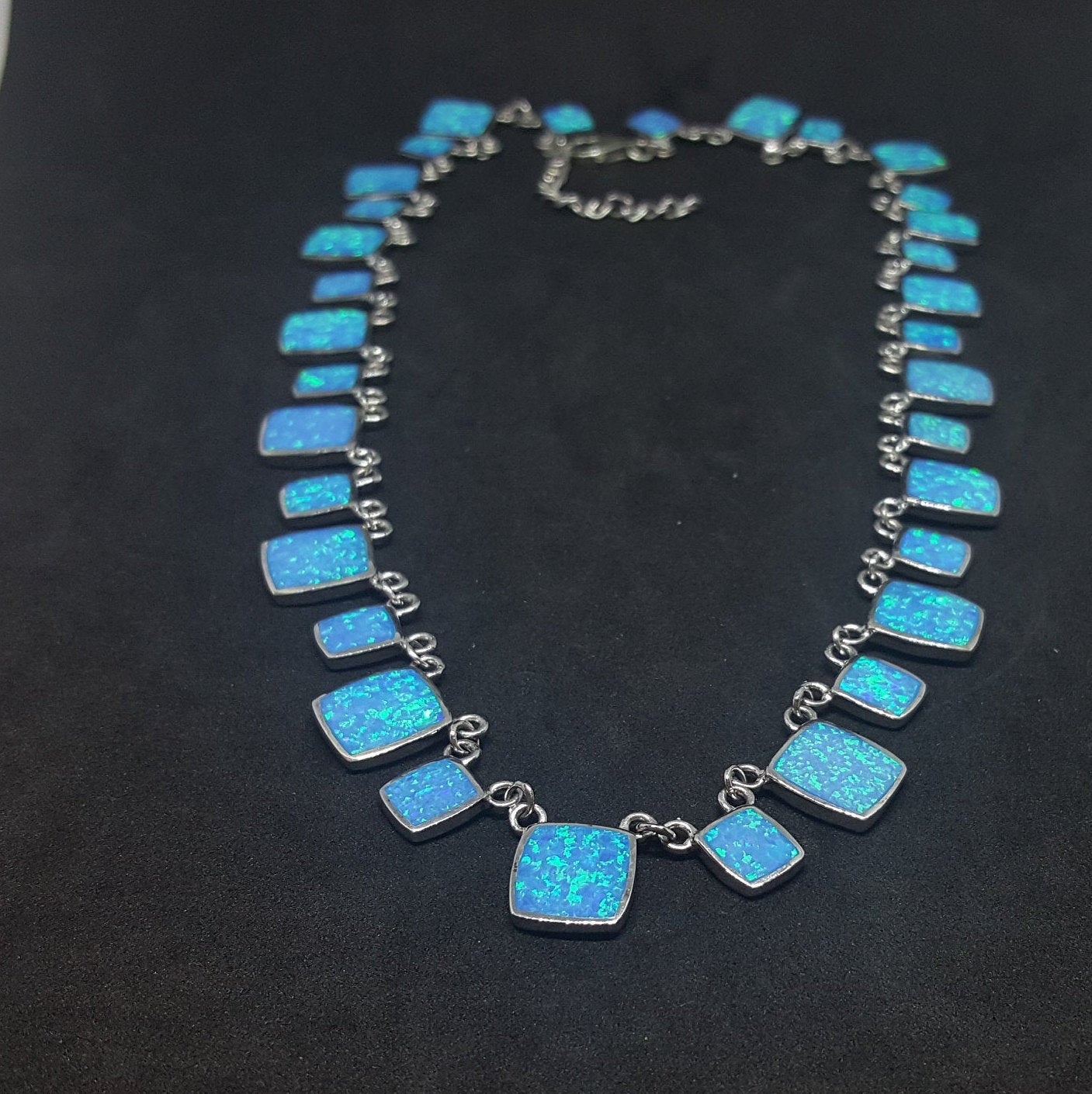 Blue Fire Opal Square shape sterling silver necklace