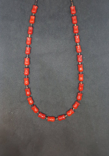 18 inches Red Roses Coral Heshi shell sterling silver beaded necklace