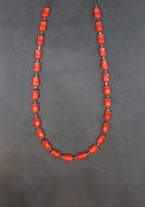 18 inches Red Roses Coral Heshi shell sterling silver beaded necklace