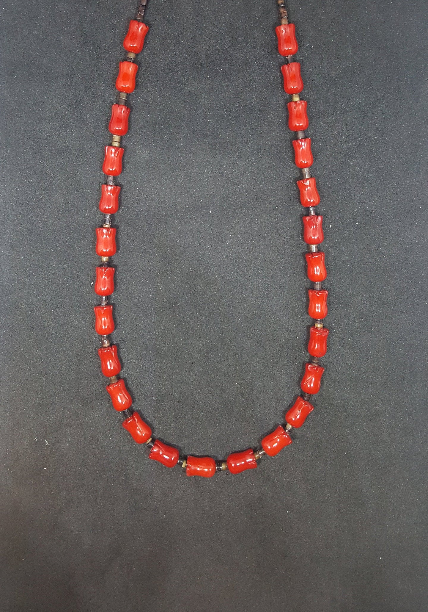 18 inches Red Roses Coral Heshi shell sterling silver beaded necklace