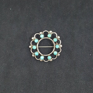 Simple Cluster Turquoise wavy pattern round shape sterling silver pin - Vintage