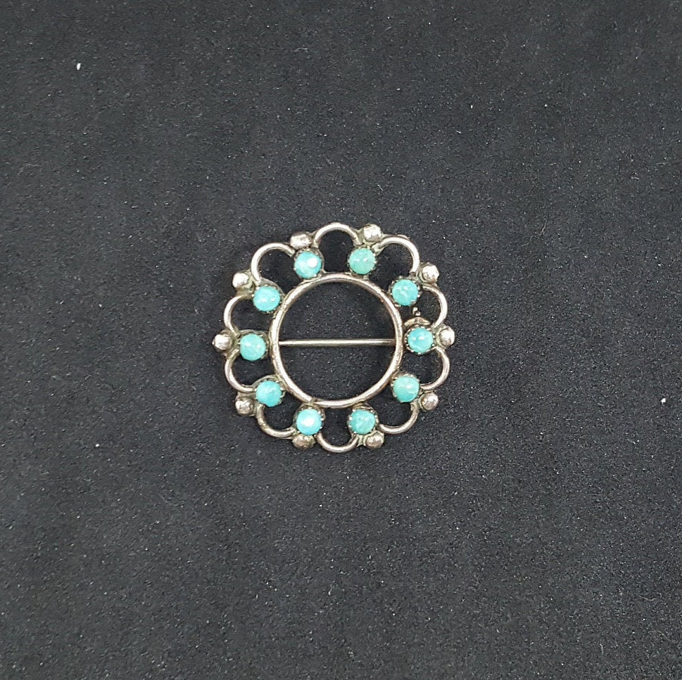 Simple Cluster Turquoise wavy pattern round shape sterling silver pin - Vintage