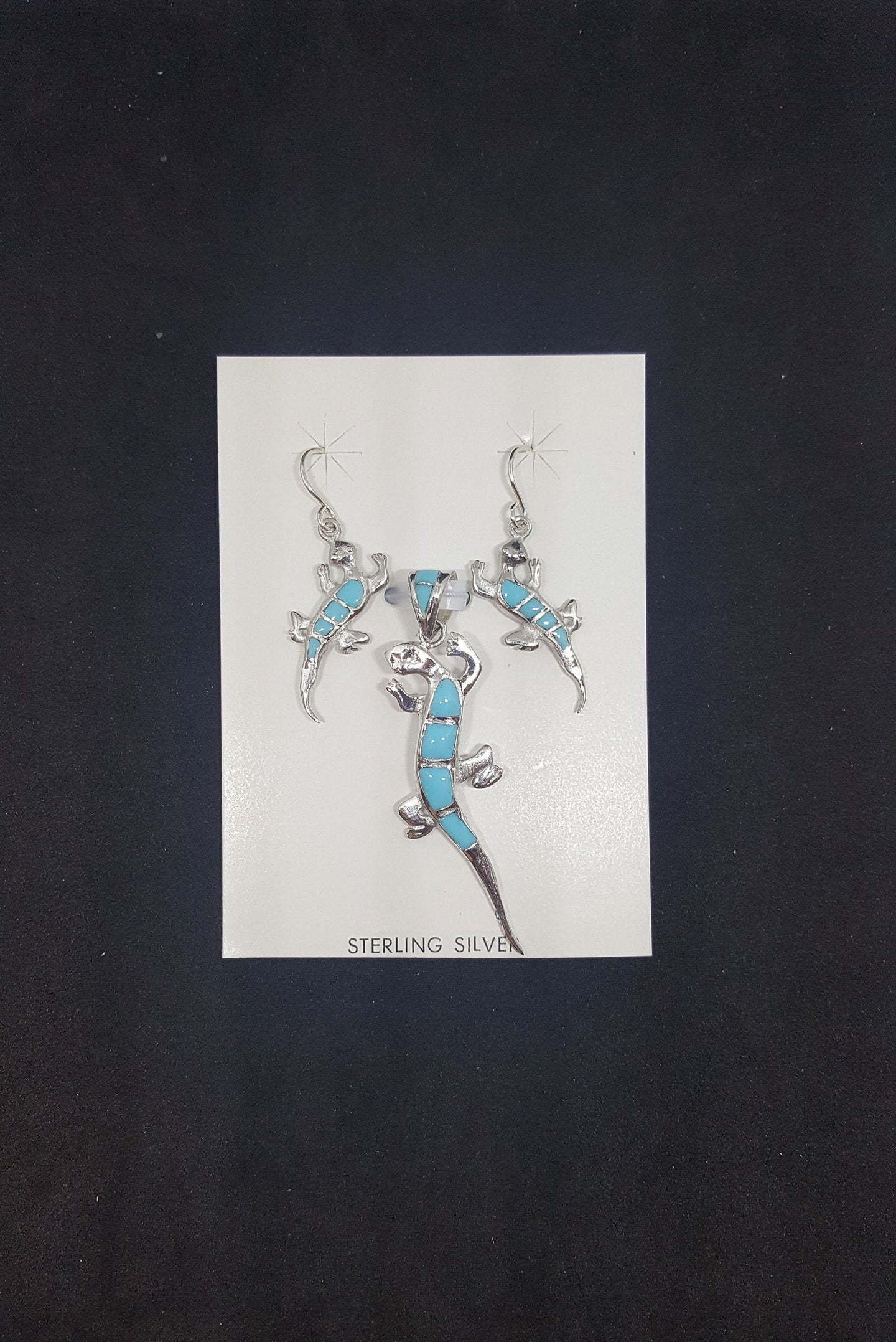 Set The Lizard Turquoise sterling silver dangle earrings and pendant