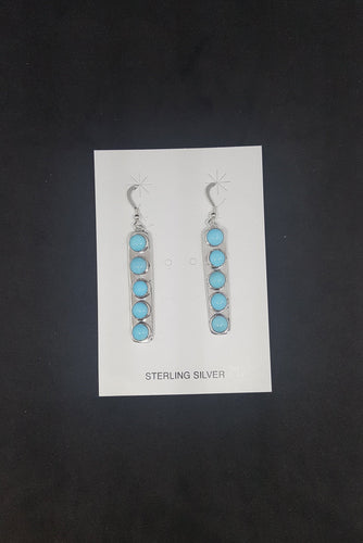 5mm round Sleeping Beauty Turquoise 5 stones sterling silver long thin dangle earrings