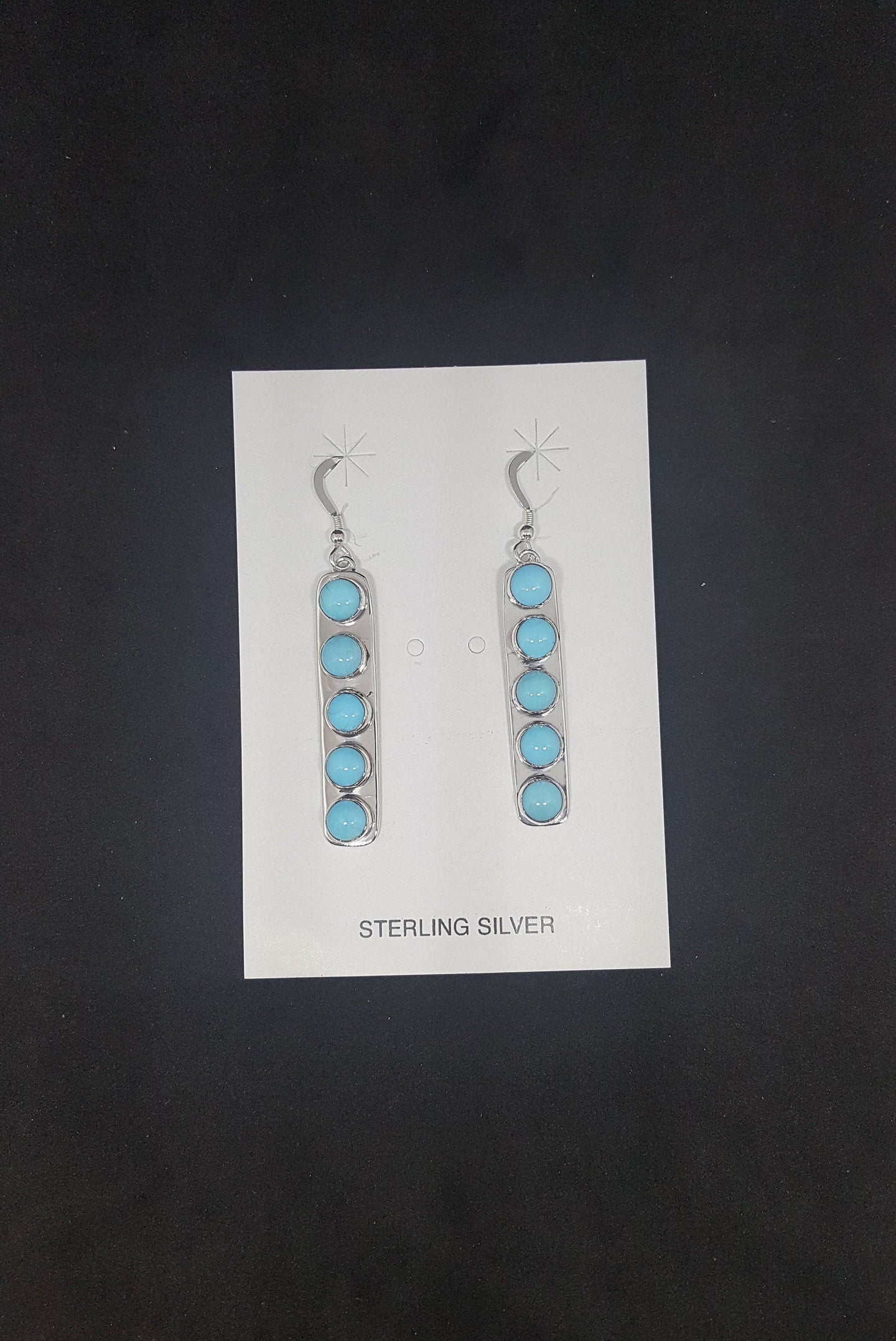 5mm round Sleeping Beauty Turquoise 5 stones sterling silver long thin dangle earrings
