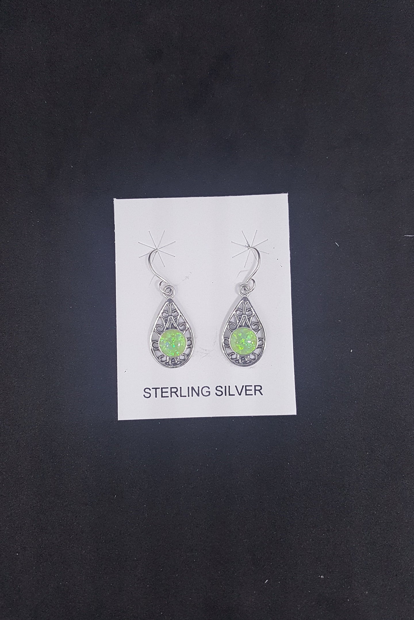 Teardrop Curvy patterns 6 mm round Green Fire Opal sterling silver dangle earrings