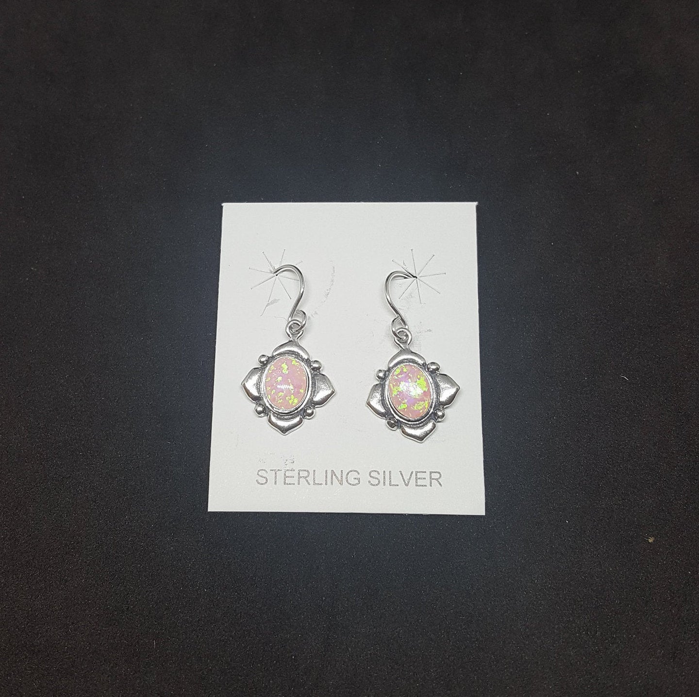 Flower shape with oval Pink fire opal sterling silver dangle earrings