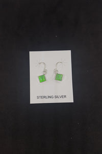 Simple 6 mm Green Fire Opal diamond shape sterling silver dangle earrings