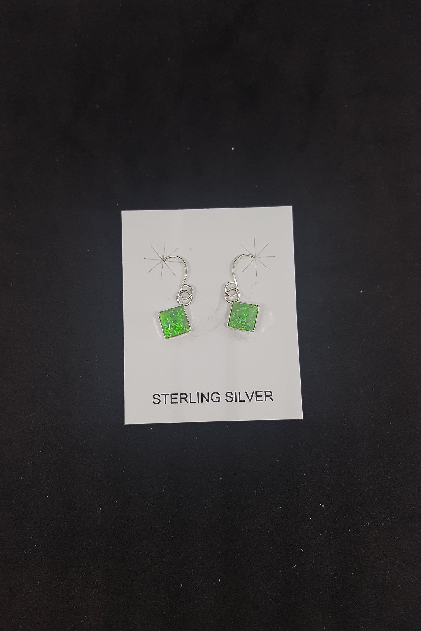 Simple 6 mm Green Fire Opal diamond shape sterling silver dangle earrings