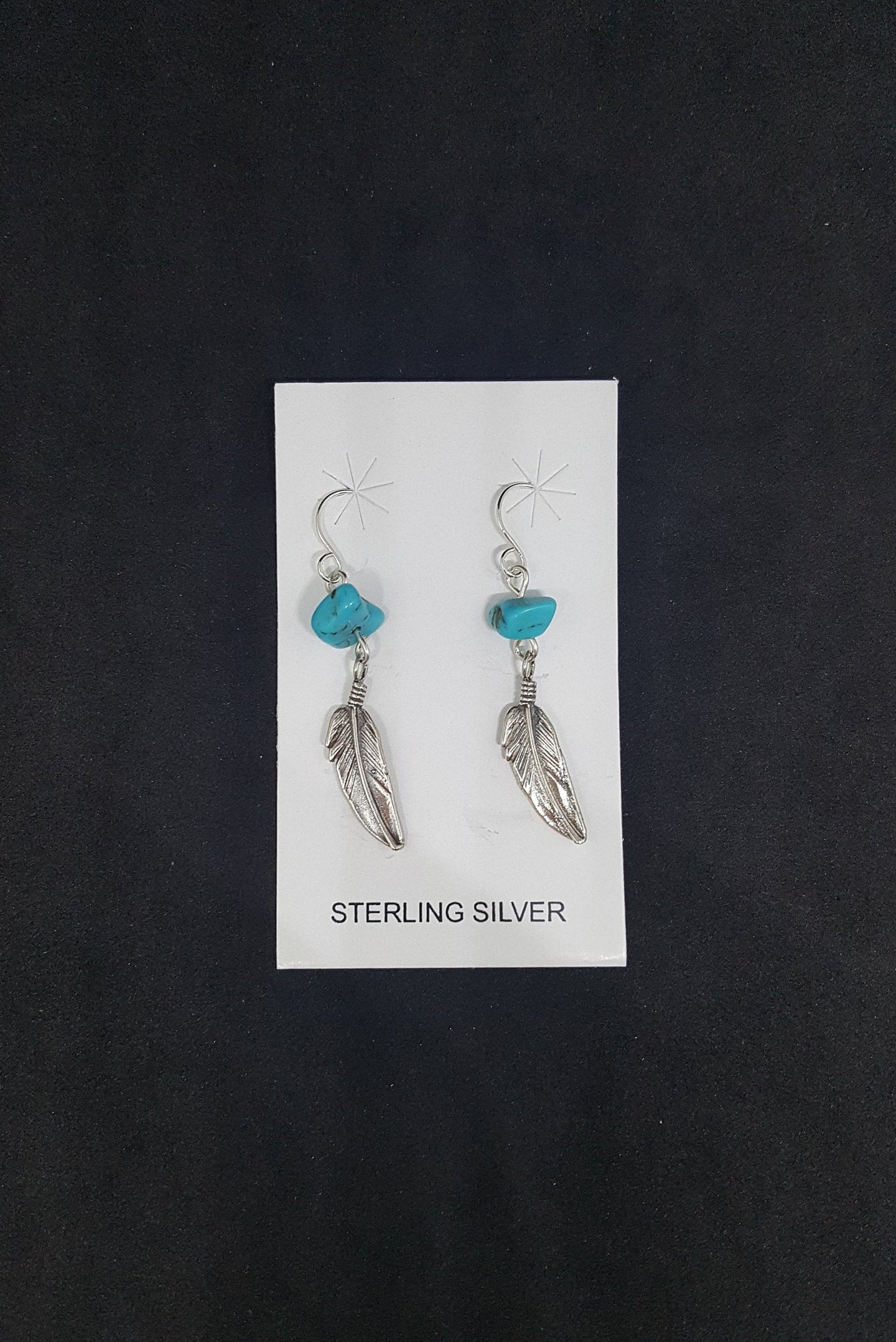 Native Single Feather Kingman Turquoise sterling silver dangle earrings