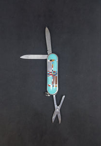 Small inlay multi-stone Kingman Turquoise pocket key chain multi-tool blade nail filer and scissor