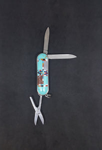 Small inlay multi-stone Kingman Turquoise pocket key chain multi-tool blade nail filer and scissor