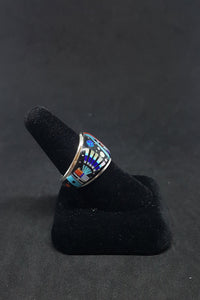 Size 11 1/4 - The Galaxy Zuni Sunfaces with Native hat dress inlay Multi-stones sterling silver ring