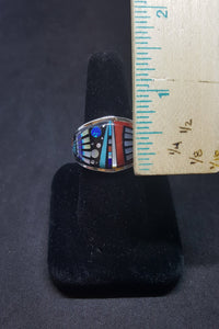 Size 11 1/4 - The Galaxy Zuni Sunfaces with Native hat dress inlay Multi-stones sterling silver ring