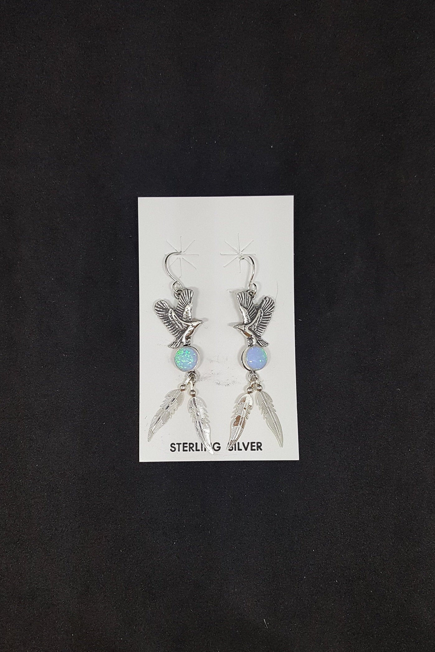 Native Eagle with Feathers 5 mm round Green Fire Opal sterling silver dangle earrings