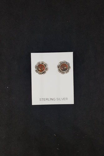 7 mm round Red Fire Opal flower shape sterling silver post earrings