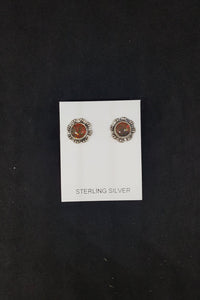 7 mm round Red Fire Opal flower shape sterling silver post earrings
