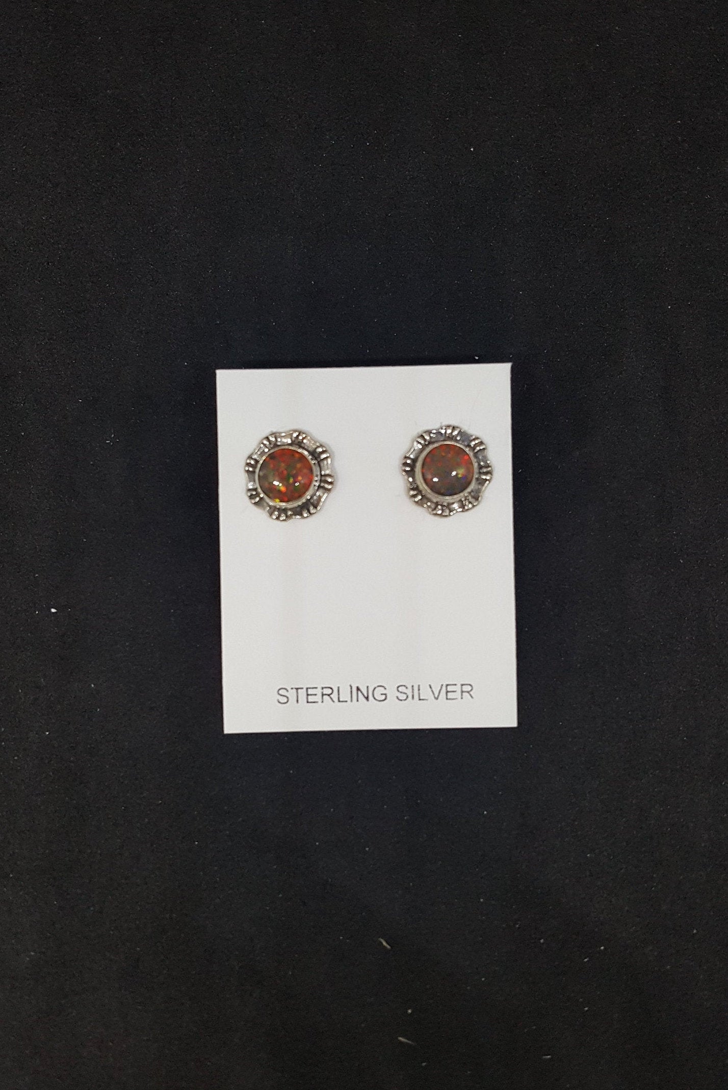 7 mm round Red Fire Opal flower shape sterling silver post earrings