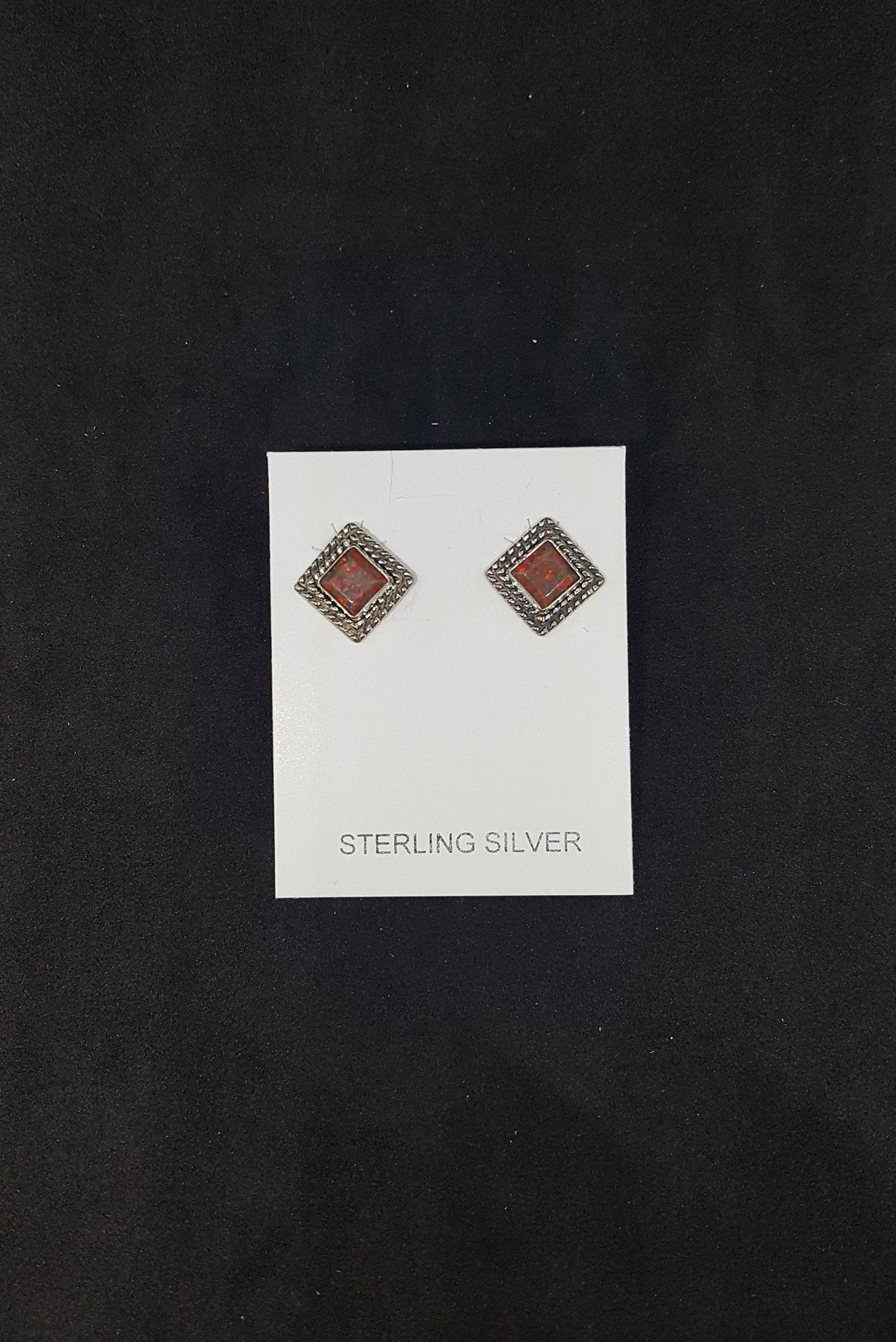 6 mm Red Fire Opal diamond shape sterling silver dangle earrings