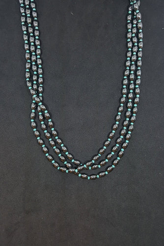 22 inches - 25 inches 3 strands Turquoise Black stone Hematite sterling silver beaded necklace