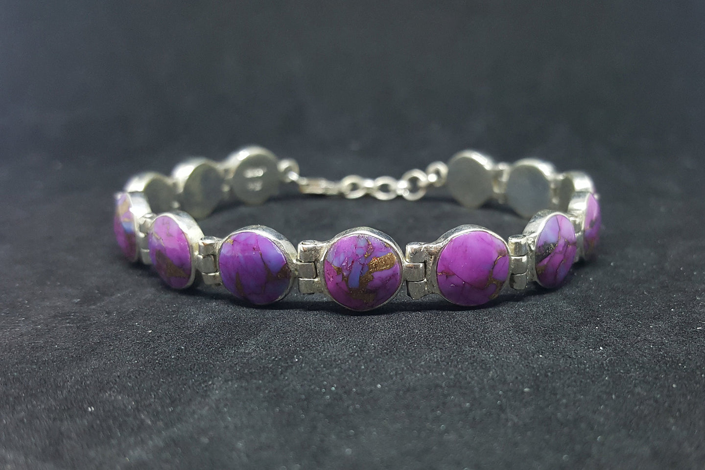 Simple Purple Turquoise 9 mm round sterling silver chain bracelet