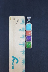 The 4 Stones Turquoise Spiny Oyster Purple Turquoise Green Turquoise sterling silver long thin pendant necklace
