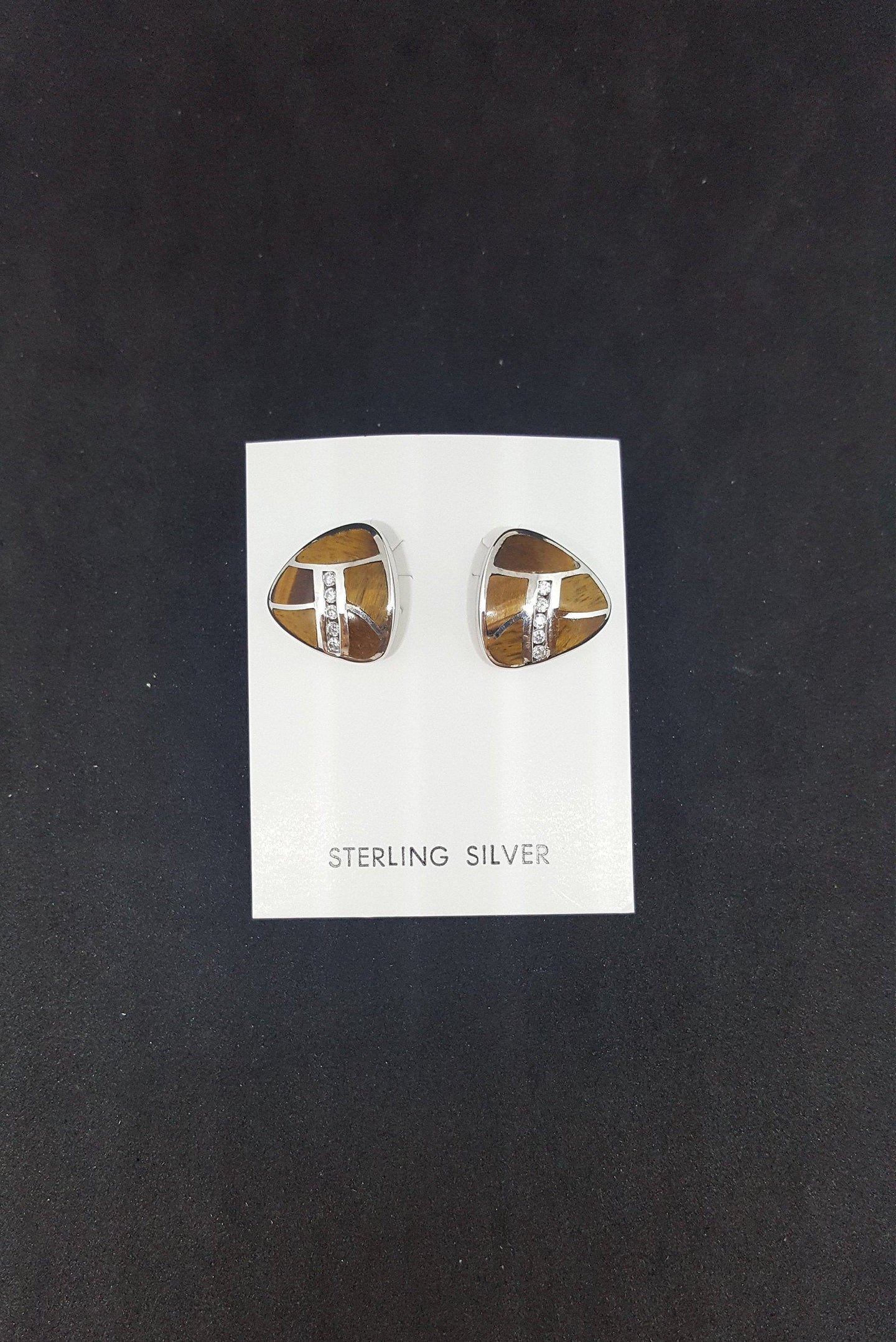 Tiger Eye Stone CZ triangle shape sterling silver post earrings
