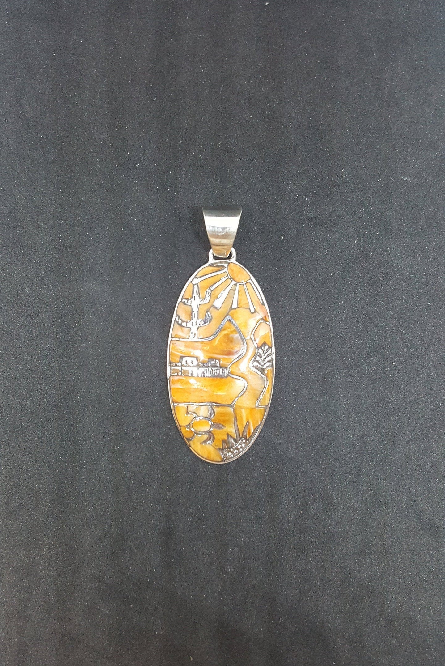 The landscape Sun City Turtle Cactus Spiny Oyster oval shape sterling silver pendant necklace