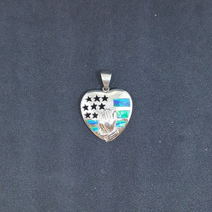 Liberty USA flag Blue Opal heart shape sterling silver pendant necklace