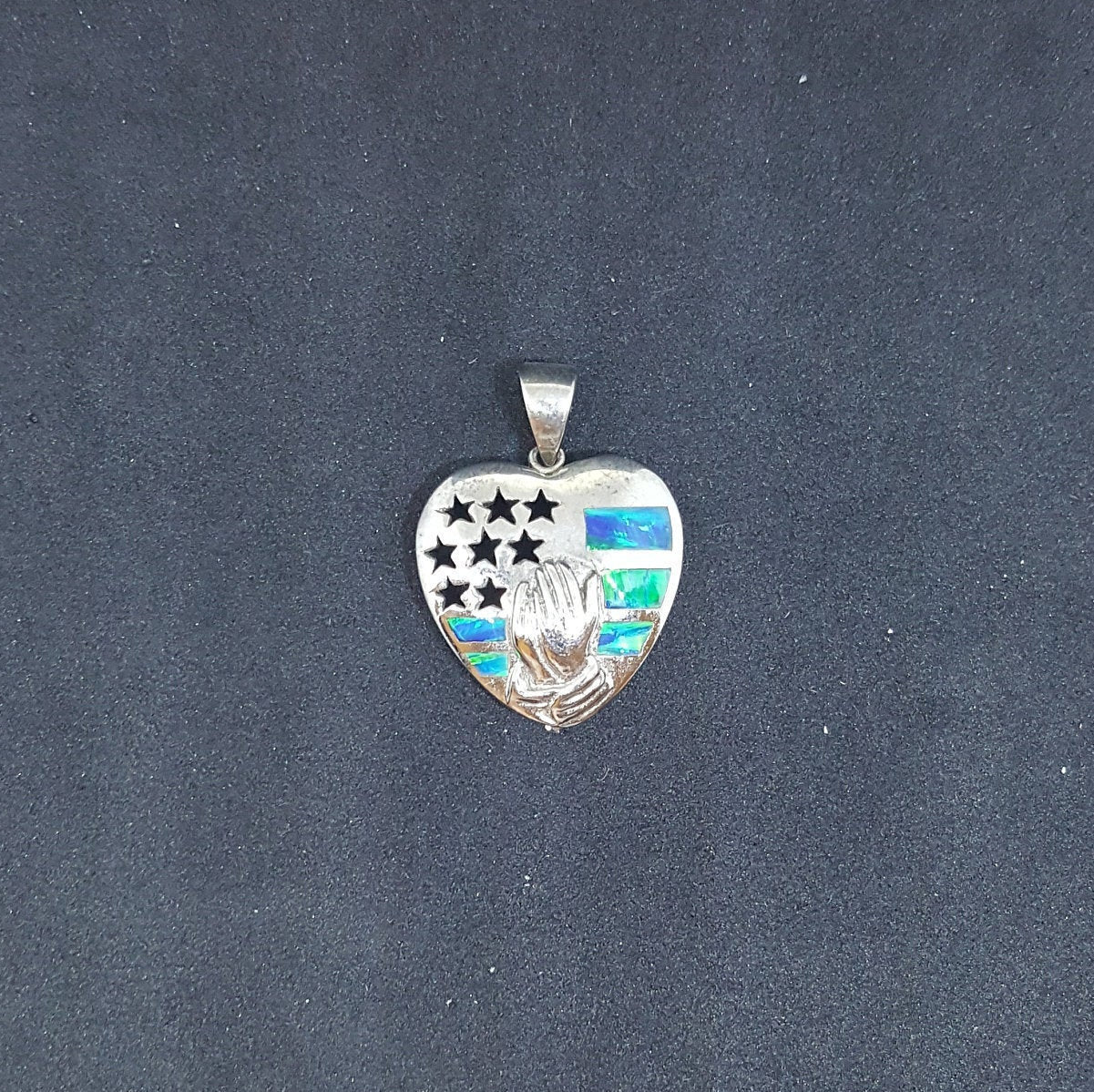 Liberty USA flag Blue Opal heart shape sterling silver pendant necklace