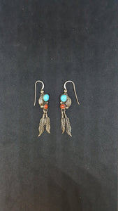 Vintage Navajo feathers Turquoise Coral sterling silver dangle earrings