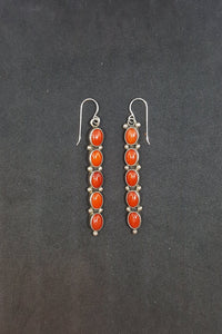 Vintage 5 Coral stones oval long thin sterling silver dangle earrings