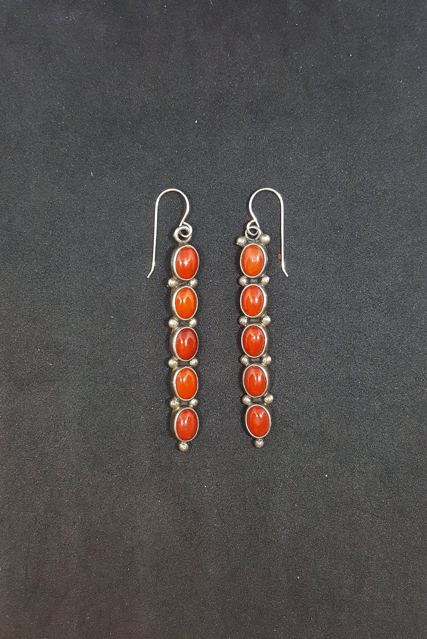 Vintage 5 Coral stones oval long thin sterling silver dangle earrings