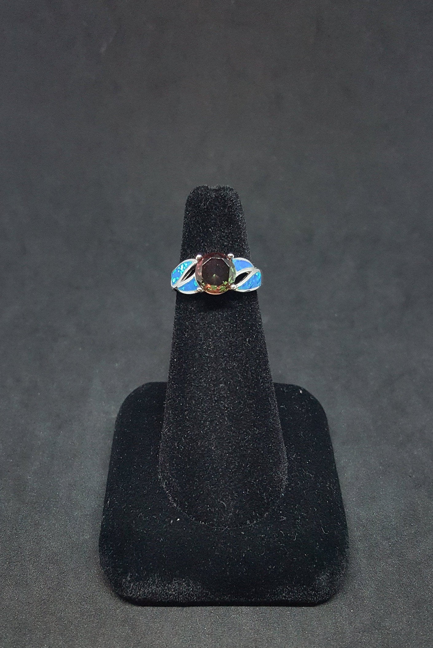 Blue Fire Opal Tourmaline Round shape sterling silver ring