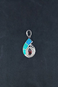 Shiny Shell Opal Garnet CZ teardrop shape  sterling silver pendant necklace