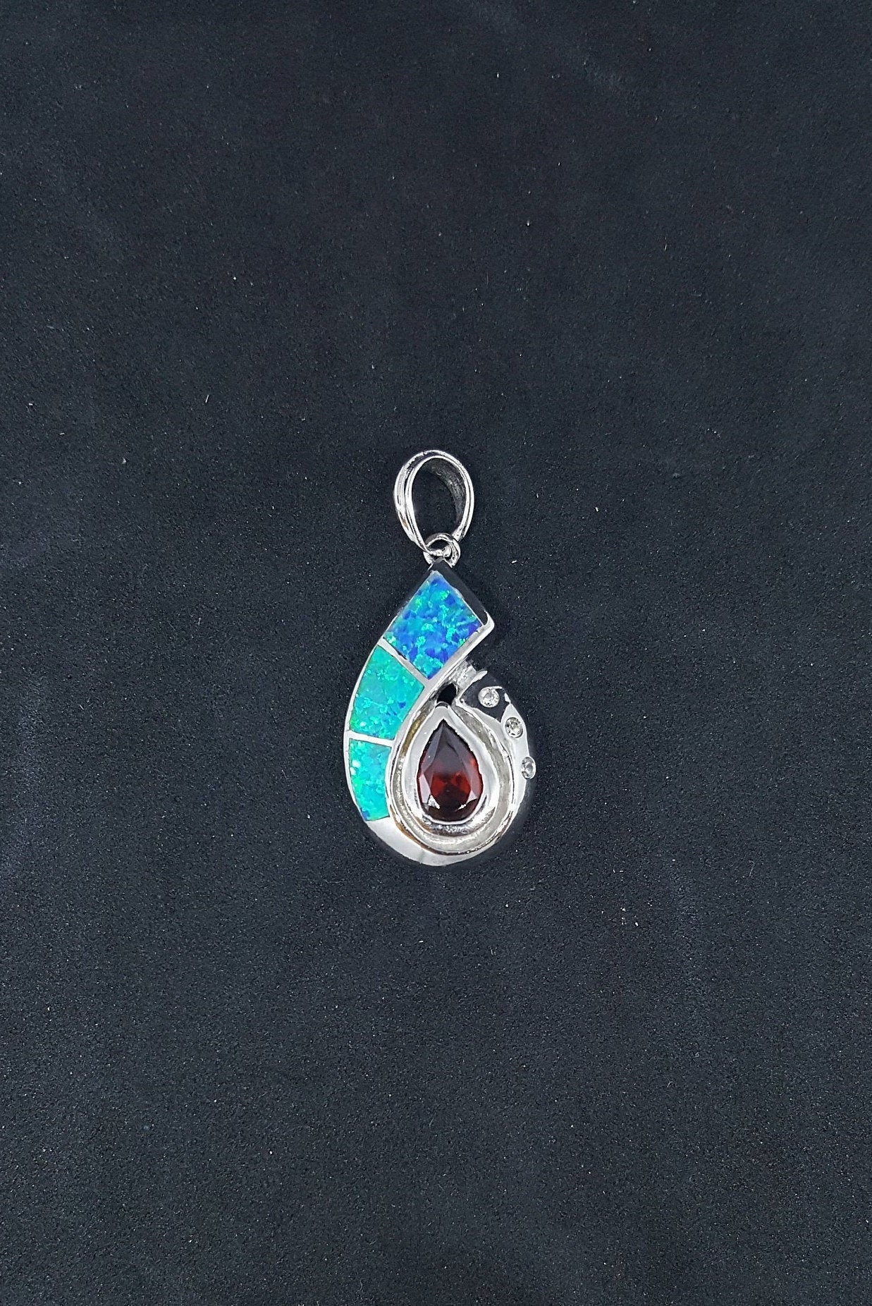 Shiny Shell Opal Garnet CZ teardrop shape  sterling silver pendant necklace