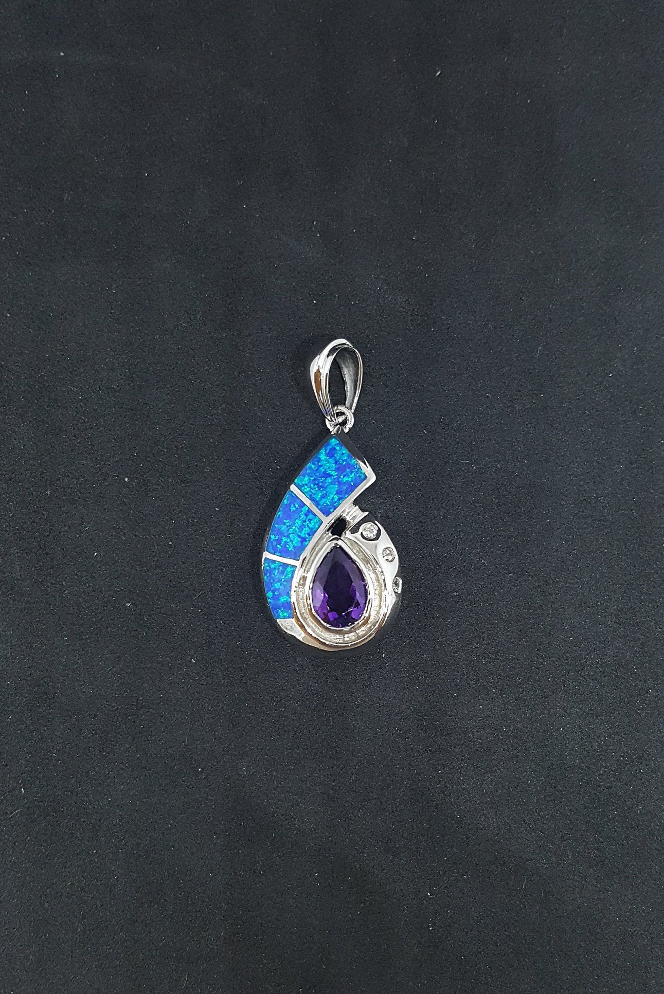 Shiny Shell Opal Amethyst CZ teardrop shape  sterling silver pendant necklace