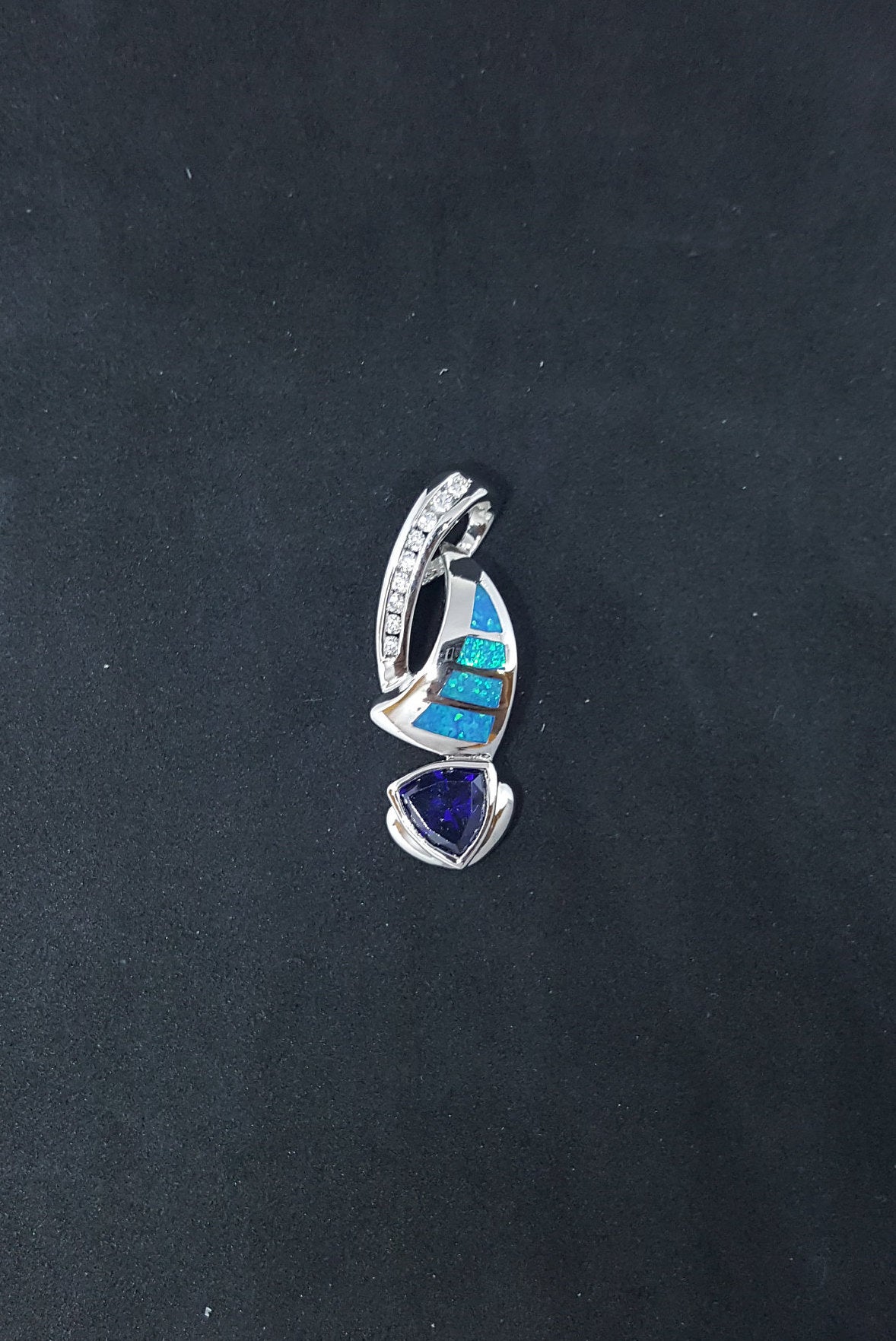 Wavy twisted Opal CZ Tanzanite triangle shape sterling silver pendant necklace