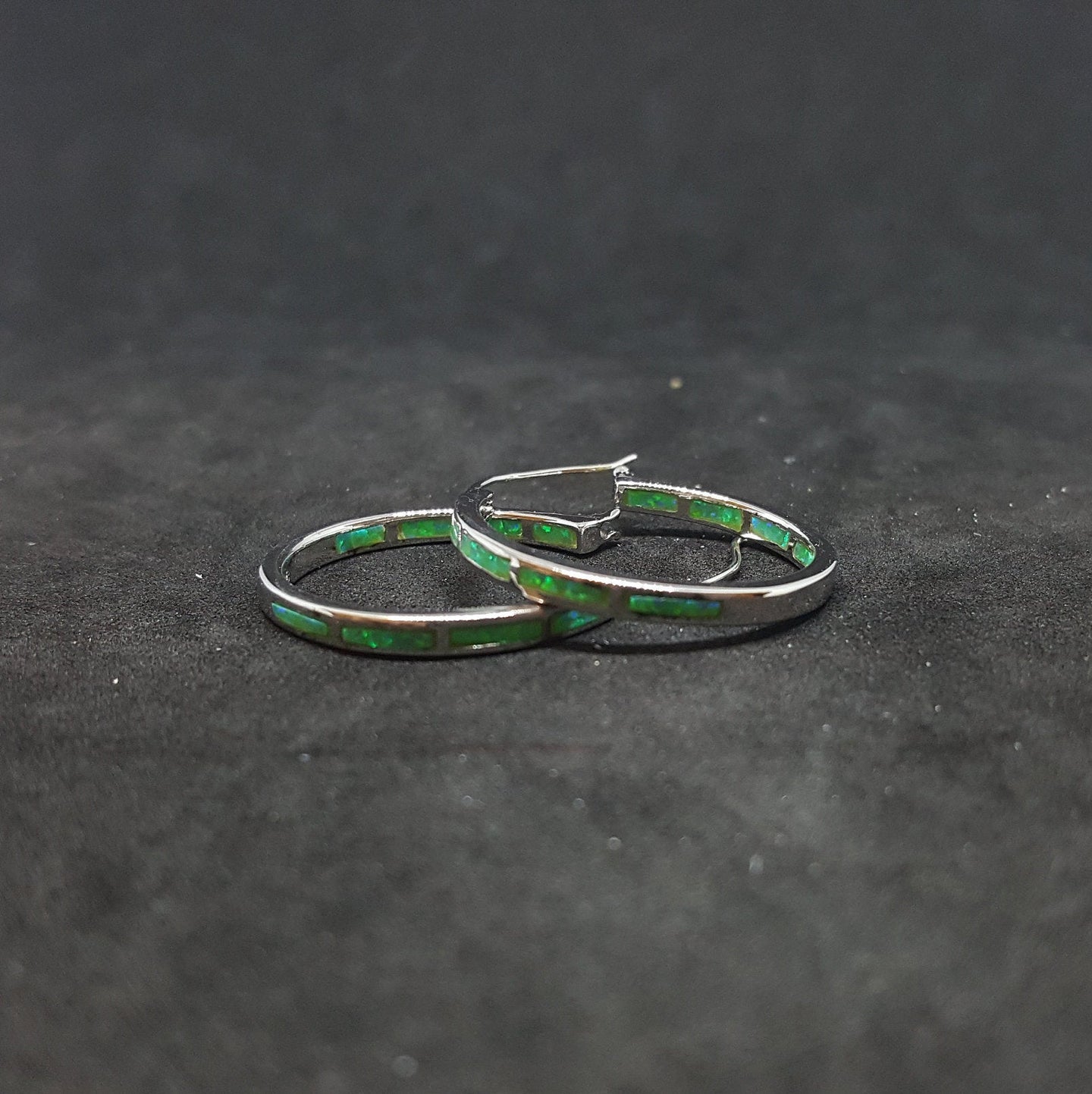Circle Green Opal rectangle-shaped stone Sterling silver hoop earrings
