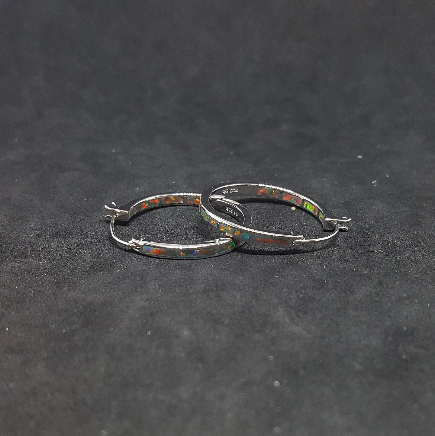 Circle Fire Opal rectangle-shaped stone Sterling silver hoop earrings