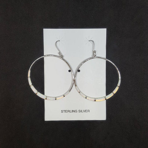 Circle Crescent White Opal Sterling silver dangle earrings