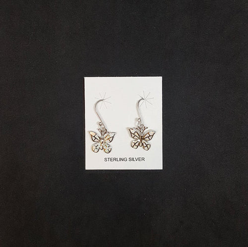 Butterfly with design White Opal Sterling silver dangle earrings