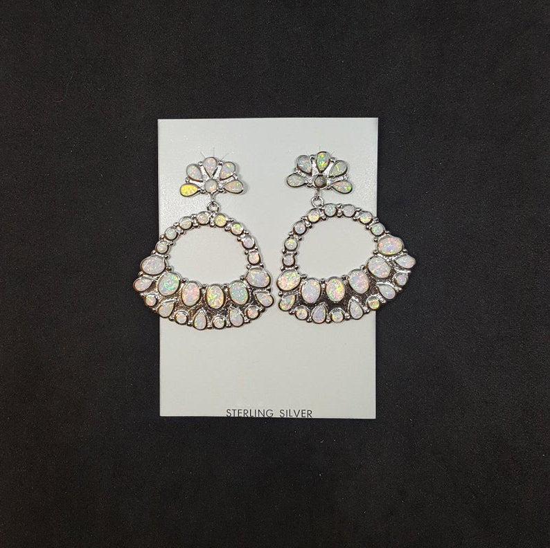 Cluster Flower White Opal Sterling silver stud earrings