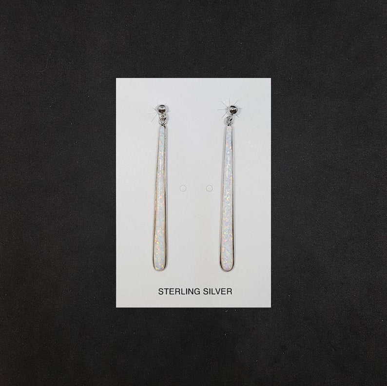 Long thin teardrop White Opal Sterling silver stud earrings