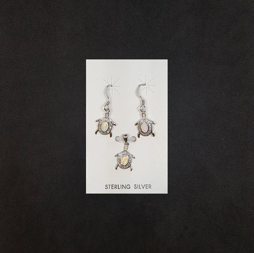 Set Baby Turtle White Opal micro CZ Sterling silver dangle earrings and pendant