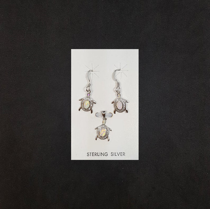Set Baby Turtle White Opal micro CZ Sterling silver dangle earrings and pendant